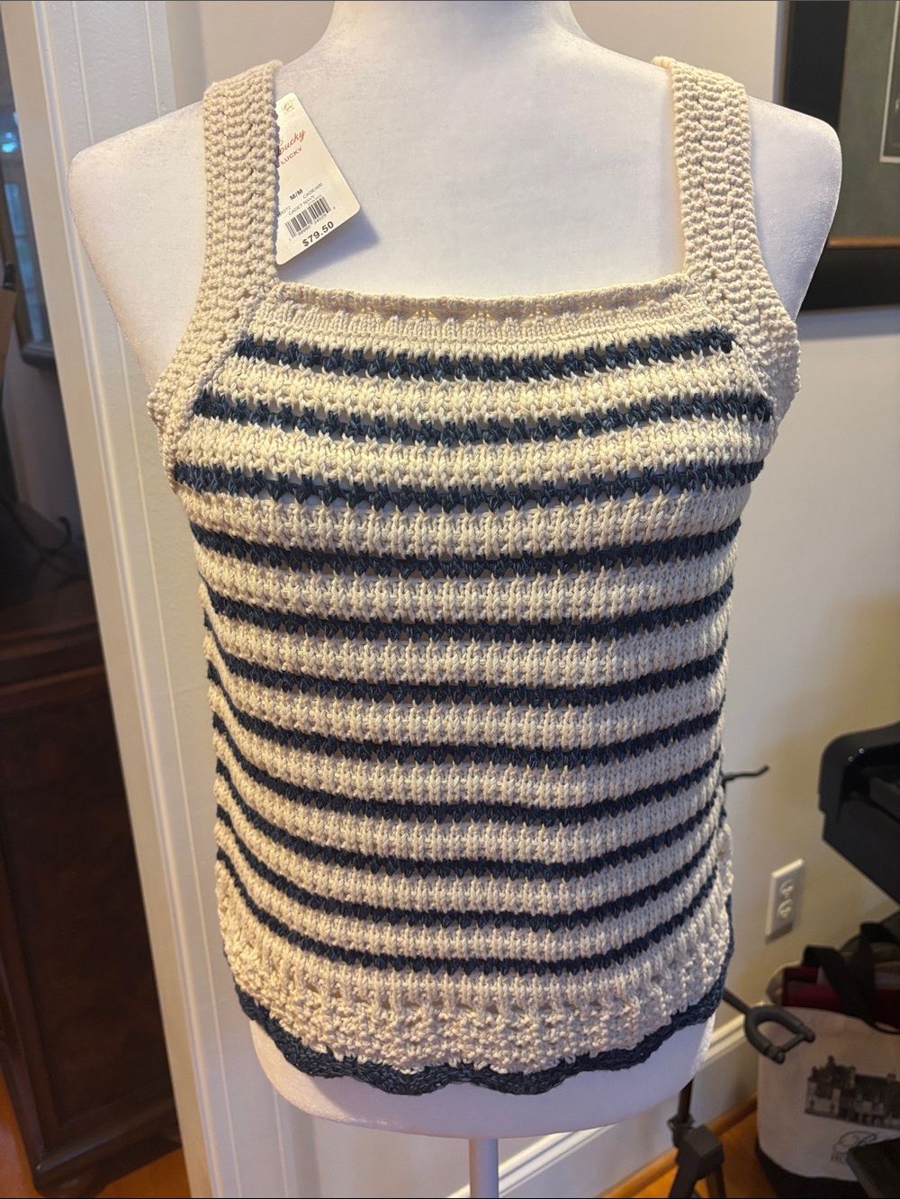 Lucky Brand Cream & Navy Striped Knit Tank
